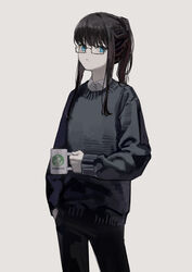  absurdres bad_id bad_twitter_id black_hair black_pants black_sweater blue_eyes coffee_mug cowboy_shot cup female glasses grey_background highres holding holding_cup long_hair long_sleeves looking_at_viewer mole mole_under_eye mole_under_mouth mug original pants parted_lips ponytail sidelocks simple_background solo sweater yoon_cook 