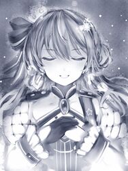  bad_id bad_pixiv_id commentary facing_viewer female gloves greyscale grin hair_ribbon highres hololive hoshimachi_suisei hoshimachi_suisei_(stellar_into_the_galaxy) long_hair long_sleeves monochrome nanashi_(nlo) official_alternate_costume official_alternate_hair_length official_alternate_hairstyle own_hands_together ribbon single_glove smile solo striped striped_ribbon upper_body virtual_youtuber 