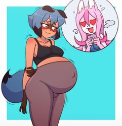  anthro belly big_belly black_hair blue_hair blush brand_new_animal breasts canid canine clothing dress duo female fox fur hair heart_after_text heart_symbol hi_res long_hair mammal michiru_kagemori nazuna_hiwatashi nervous open_mouth pink_hair pregnant pregnant_anthro pregnant_female procyonid raccoon raccoon_dog shaking short_hair simple_background studio_trigger tanquito tanuki white_body white_fur 