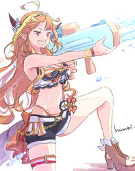  ahoge belt bikini bikini_under_clothes blonde_hair breasts cleavage dragon_girl dragon_horns dragon_tail female front-tie_bikini_top front-tie_top grin highleg highleg_bikini holding holding_water_gun hololive hololive_summer_2023_swimsuit horns kiryu_coco kyou_fumei large_breasts looking_at_viewer multicolored_hair navel orange_bikini orange_hair pointy_ears red_eyes sandals sidelocks smile solo streaked_hair striped_bikini striped_clothes swimsuit tail thigh_belt thigh_strap toeless_footwear virtual_youtuber water_gun white_background white_belt 