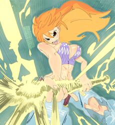  abs brown_eyes center_opening denim female highres jeans lightning nami_(one_piece) one_piece orange_hair pants solo taku_(aywakutakuay) torn_clothes 