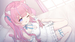  animal_ears ariel23795 barefoot blue_eyes blue_hair breasts cat_ears cat_girl cat_tail cleavage cleavage_cutout clothing_cutout dress female heart_cutout indie_virtual_youtuber itigori_ena multicolored_hair sitting solo streaked_hair tail virtual_youtuber wariza white_dress wrist_cuffs 