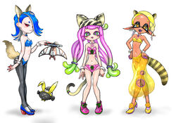  3girls :3 alternate_costume animal_ears arms_at_sides ass_visible_through_thighs big_man_(splatoon) black_pantyhose blonde_hair blue_bow blue_bowtie blue_bra blue_footwear blue_panties blunt_bangs blush bow bow_panties bowtie bra breasts brown_hairband cat_ears cat_tail cephalopod_eyes cleavage closed_mouth clothing_cutout clownfish collarbone commentary_request cross-laced_footwear crossed_legs dark-skinned_female dark_skin detached_collar drooling earrings eyeliner fake_animal_ears fake_tail fangs fish folded_fan folding_fan forehead fox_ears fox_tail frilled_panties frills frye_(splatoon) full_body green_eyes green_hair groin hair_ornament hair_over_one_eye hair_tie hairband hand_fan hand_up hands_on_own_hips happy harmony&#039;s_clownfish_(splatoon) harmony_(splatoon) head_tilt heart high_heels highres holding holding_fan inkling jewelry koharu2.5 light_blush long_hair looking_at_viewer makeup medium_hair mouth_drool multicolored_eyes multicolored_hair multiple_earrings multiple_girls navel neck_ribbon nontraditional_playboy_bunny octoling one_eye_covered open_mouth panties pants pantyhose paper_fan pigeon-toed pink_bra pink_footwear pink_hair pink_panties pink_ribbon pointy_ears puffy_pants purple_eyes rabbit_ears raccoon_ears raccoon_tail red_eyeliner red_eyes ribbon see-through see-through_pants shiver_(splatoon) shoes sidelocks simple_background small_breasts smile sneakers splatoon_(series) splatoon_3 standing stomach strapless strapless_bra striped_clothes striped_headwear striped_tail suction_cups tail tail_ornament tail_ring teeth tentacle tentacle_hair tongue traditional_bowtie two-tone_hair underwear very_long_hair watson_cross white_background wrist_cuffs x_hair_ornament yellow_bow yellow_bowtie yellow_bra yellow_footwear yellow_hairband yellow_headwear yellow_panties yellow_pants 