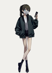  absurdres bad_id bad_twitter_id bare_legs black_footwear black_jacket black_shorts blue_eyes brown_hair cellphone crossed_legs female full_body grey_background hand_up highres holding holding_phone jacket long_hair looking_at_viewer mask mouth_mask open_clothes open_jacket original phone shirt short_shorts shorts simple_background smartphone solo twintails white_mask white_shirt yoon_cook 