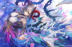  anniversary breasts curled_horns dress female fire_emblem fire_emblem_heroes freyja_(fire_emblem) goat_horns grey_hair hair_ornament horns large_breasts looking_at_viewer multicolored_hair official_art outstretched_arm petals plant red_eyes two-tone_hair vines yoshiku_(oden-usagi) 