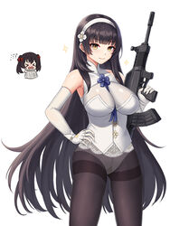  2girls absurdres assault_rifle black_hair black_pantyhose breasts bullpup elbow_gloves girls&#039;_frontline gloves gongbangmanchi_(daisy_cutter) gun hairband highres holding holding_gun holding_weapon large_breasts long_hair multiple_girls panties panties_under_pantyhose pantyhose qbz-95 rifle shirt smile solo_focus standing type_95_(girls&#039;_frontline) type_97_(girls&#039;_frontline) underwear very_long_hair weapon white_gloves white_hairband white_panties white_shirt yellow_eyes 