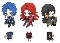  1boy 2girls armband ascot binah_(project_moon) black_eyes black_hair blonde_hair blue_ascot blue_coat blue_hair bodysuit breasts bright_pupils chesed_(project_moon) chibi cleavage_cutout closed_mouth clothing_cutout coat collared_shirt commentary_request cropped_jacket cup dress flora11 gebura_(project_moon) grey_bodysuit grey_dress grey_eyes grey_pants grey_vest heterochromia holding holding_cup holding_sword holding_weapon jacket lobotomy_corporation long_hair long_sleeves mug multicolored_hair multiple_girls no_nose open_clothes open_coat open_jacket open_mouth pants parted_bangs project_moon red_hair red_jacket scar scar_across_eye shirt short_hair small_breasts smile spoilers sword vest weapon white_pupils white_shirt yellow_eyes 