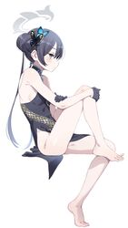  absurdres bare_legs bare_shoulders barefoot black_gloves black_hair blue_archive blue_hair blush braid braided_bun butterfly_hair_ornament china_dress chinese_clothes double_bun dragon_print dress feet female from_side full_body gloves grey_eyes hair_bun hair_ornament half_gloves halo highres kisaki_(blue_archive) knee_up kunikune legs long_hair no_panties pelvic_curtain profile sitting solo toenails toes twintails 