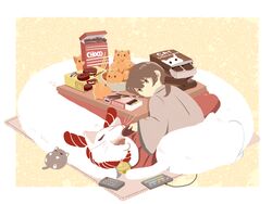  androgynous bell bowl brown_hair chai_(drawingchisanne) commentary controller cookie feeding feline food fox fruit grey_eyes highres kotatsu mandarin_orange open_mouth orange_(fruit) original pink_background pocky remote_control rug simple_background sitting table 