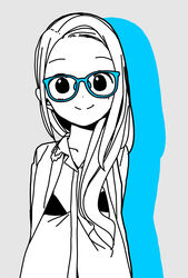  alternate_hairstyle aqua_theme arms_behind_back bespectacled blue-framed_eyewear blue_theme blush closed_mouth collarbone collared_shirt commentary_request dot_nose drop_shadow female glasses grey_background hair_down highres hitoribocchi_no_marumaru_seikatsu jacket katsuwo_(cr66g) long_hair looking_at_viewer open_clothes open_jacket partially_colored shirt smile solo sotoka_rakita split_mouth standing 