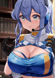  blue_eyes blue_hair blush breasts chicken_(chickenx) cleavage commentary_request crop_top cropped_torso female gloves gotland_(fuji_speedway_race_queen_mode)_(kancolle) gotland_(kancolle) hair_between_eyes headphones highres kantai_collection large_breasts long_hair mole mole_under_eye official_alternate_costume ponytail race_queen solo variant_set 