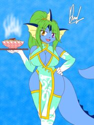  2022 3:4 absurd_res accessory amber_eyes anthro armwear asian_clothing big_breasts blue_body blue_skin breasts chinese_clothing chinese_dress cleavage_cutout clothing cutout derthevaporeon dress east_asian_clothing eeveelution elbow_gloves female food footwear generation_1_pokemon gloves green_hair hair hair_accessory handwear heterochromia hi_res legwear nintendo noodles plate pokemon pokemon_(species) ponytail purple_eyes ramen ramen_bowl smile smiling_at_viewer socks solo steam tail thigh_highs thigh_socks vaporeon wide_hips 