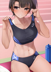  abs adjusting_clothes black_buruma black_sports_bra breasts brown_eyes brown_hair buruma fed_(giba) female highres original outdoors sitting solo sports_bra stomach sweat tan tanlines track_and_field 