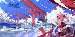  2girls absurdres aircraft airplane anti-aircraft_gun artillery azur_lane black_skirt blue_sky cannon cloud crane_(machine) destroyer harekaze high_school_fleet highres historical_name_connection liwendala looking_at_viewer looking_back midriff military military_vehicle miniskirt multiple_girls name_connection object_namesake oil-paper_umbrella outdoors pleated_skirt railing rigging sakura_empire_(emblem) sb2c_helldiver scenery shinano_(azur_lane) ship skirt sky solo_focus taihou_(azur_lane) torii torpedo torpedo_launcher torpedo_tubes turret umbrella vehicle_and_personification warship watercraft white_hair world_of_warships yellow_eyes yukikaze_(azur_lane) yukikaze_(destroyer) zuikaku_(azur_lane) 