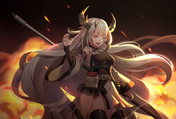  arknights artist_name belt belt_pouch black_horns black_legwear breasts claw_pose detached_sleeves female fire holding holding_weapon horns hoshiko_(419401x) id_card impossible_clothes large_breasts long_hair looking_at_viewer matoimaru_(arknights) open_mouth orange_eyes pouch red_eyes smile solo standing very_long_hair weapon 