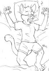  2017 4_fingers anthro bodily_fluids cartoon_network closed_eyes clothed clothing domestic_cat drooling fangs felid feline felis fingers fur gumball_watterson hi_res inner_ear_fluff jimfoxx lying male mammal monochrome on_back open_mouth pajama_pants pajama_shirt pajamas paws pillow saliva signature sleeping snoring solo teeth the_amazing_world_of_gumball tongue tuft whiskers 