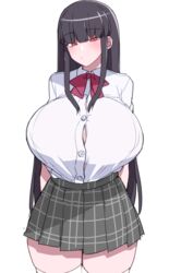  akitokage arms_behind_back black_hair bow bowtie breasts button_gap female highres huge_breasts long_hair original plaid plaid_skirt red_bow red_bowtie red_eyes shirt skirt solo tented_shirt thick_thighs thighhighs thighs white_shirt white_thighhighs zettai_ryouiki 