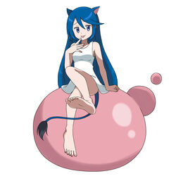  absurdres alternate_costume animal_ears asatsuki_(fgfff) bare_legs barefoot blob blue_hair doremy_sweet dream_soul dress female full_body highres long_hair no_headwear parody simple_background sitting solo style_parody sugimori_ken_(style) tail tapir_ears tapir_tail touhou very_long_hair white_background white_dress 