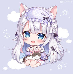  :d animal animal_ear_fluff animal_ears animal_on_lap blue_eyes blush braid breasts cat_ears cat_girl cat_tail cleavage cloud commentary_request dress feline female full_body grey_hair hair_ornament hairclip jacket long_hair long_sleeves looking_at_viewer loose_socks mask mask_on_head medium_breasts mitsuba_choco no_shoes oerba_yun_fang off_shoulder on_lap open_clothes open_jacket original pink_dress puffy_long_sleeves puffy_sleeves purple_background purple_jacket simple_background sitting sleep_mask sleeveless sleeveless_dress sleeves_past_wrists smile socks solo star_(symbol) tail twitter_username very_long_hair wariza white_socks 