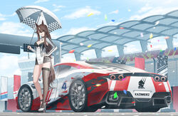  absurdres alternate_costume animal_ears arknights breasts brown_hair car cheogtanbyeong dress female green_eyes high_heels highres holding holding_umbrella horse_ears horse_girl horse_tail kingdom_of_kazimierz_logo long_hair meteor_(arknights) motor_vehicle one_eye_closed outdoors race_queen short_dress single_thighhigh smile solo standing tail teeth thighhighs umbrella upper_teeth_only 