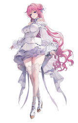  bare_shoulders braid breasts detached_sleeves dorothy_(nikke) dress female frilled_dress frills full_body goddess_of_victory:_nikke hair_bun high_heels highres large_breasts layered_dress long_hair long_sleeves off-shoulder_dress off_shoulder official_art pink_hair puffy_long_sleeves puffy_sleeves purple_eyes see-through see-through_legwear see-through_sleeves shiny_clothes shiny_legwear short_dress simple_background solo standing thighhighs very_long_hair wavy_hair white_background white_dress yoya_yogurt zettai_ryouiki 