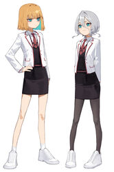  2girls absurdres arms_behind_back bad_id bad_twitter_id black_legwear black_sweater blonde_hair blue_eyes blue_hair closed_mouth collared_shirt colored_inner_hair commentary full_body gina_(yoon_cook) grey_hair hand_on_own_hip highres jacket long_sleeves multicolored_hair multiple_girls necktie original pantyhose pencil_skirt red_necktie school_uniform shirt shoes short_hair simple_background skirt sneakers socks standing sweater symbol-only_commentary white_background white_footwear white_jacket white_legwear white_shirt yoon_cook 