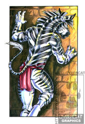  anthro ass bottomwear butt_pose castle clothing cybercat equid equine fur loincloth male mammal pose solo wallpaper zebra 