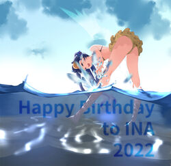  :d absurdres adapted_costume ass bent_over bikini bikini_skirt blue_eyes blue_sky cloud cloudy_sky female flower from_behind full_body gradient_hair hair_flower hair_ornament happy_birthday highres hololive hololive_english long_hair looking_at_viewer multicolored_hair ninomae_ina&#039;nis ocean open_mouth orange_hair painwolfe pointy_ears ponytail purple_hair sidelocks sky smile solo swimsuit tentacle_hair very_long_hair violet_(ninomae_ina&#039;nis) virtual_youtuber wading yellow_bikini 