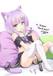  :p absurdres animal_ear_fluff animal_ears arm_up black_shirt black_shorts breasts cat_ears cat_girl cat_tail commission crop_top female green_eyes gun hair_ornament handgun highres indie_virtual_youtuber midriff mogura2009 paw_pose pillow purple_hair second-party_source shirt short_hair short_shorts short_sleeves shorts shwaa single_thighhigh sitting skeb_commission small_breasts smile solo strap_slip tail thighhighs thighs tongue tongue_out virtual_youtuber weapon white_thighhighs 