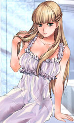  braid breasts brown_hair cleavage collarbone female green_eyes gundam gundam_wing light_brown_hair lips long_hair looking_at_viewer nightgown oyaman relena_peacecraft sitting solo twitter_username white_nightgown 