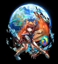  absurdres animal_ears black_background blue_eyes danganronpa_(series) earth_(planet) female fire firefox_(merryweather) fox_ears fox_tail full_body gradient_hair highres internet_explorer_(webcomic) komatsuzaki_rui_(style) looking_at_viewer minster_(dooke) mozilla_firefox multicolored_hair open_mouth orange_hair parody parted_lips personification planet sailor_collar short_eyebrows short_hair simple_background socks solo style_parody tail teeth 