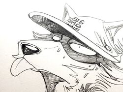  2020 anthro beastars black_and_white blep bodily_fluids canid canine canis cheek_tuft clothing english_text facial_tuft fur hat headgear headshot_portrait headwear hi_res itagaki_paru legoshi_(beastars) male mammal monochrome official_art portrait solo sweat sweatdrop text text_on_clothing text_on_hat text_on_headwear tongue tongue_out traditional_media_(artwork) tuft wolf 