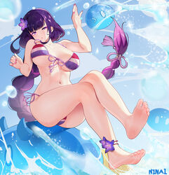  :o absurdres ankle_flower ankle_ribbon artist_name bare_arms bare_legs bare_shoulders barefoot bikini blue_sky blunt_bangs braid breasts breasts_apart collarbone commentary day feet female flower front-tie_bikini_top front-tie_top full_body genshin_impact hair_flower hair_ornament hair_ribbon highres large_breasts leg_ribbon legs long_hair looking_at_viewer looking_to_the_side low-braided_long_hair low-tied_long_hair mole mole_under_eye nail_polish navel ninai parted_lips pink_nails purple_bikini purple_eyes purple_flower purple_hair purple_nails raiden_shogun revision ribbon side-tie_bikini_bottom sky slime_(creature) slime_(genshin_impact) soles striped_bikini striped_clothes swimsuit symbol-only_commentary tassel toes unaligned_breasts very_long_hair water wet 