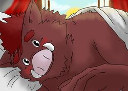  2022 absurd_res anthro bed bedding blanket blush detailed_background furniture gabu4play hi_res humanoid_hands inside lying male mammal password_(visual_novel) roswell_(password) slightly_chubby solo suid suina sun sus_(pig) wild_boar 