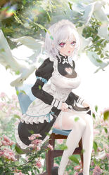  absurdres apron bad_id bad_pixiv_id bird black_dress borrowed_character chair chinese_commentary cirilla_lin cleavage_cutout clothing_cutout collared_dress commentary_request day dove dress female field fish_hair_ornament flower flower_field hair_ornament heart_cutout highres juliet_sleeves long_sleeves looking_at_viewer maid maid_apron maid_headdress nacchan_(ohisashiburi) original outdoors partial_commentary pink_flower puffy_sleeves red_eyes red_lips revision short_hair sitting skirt_hold solo thighhighs tree white_apron white_hair white_thighhighs 