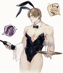  1boy animal_ears ashley_graham black_leotard blush bottle brown_hair crossdressing detached_collar fake_animal_ears highres holding holding_bottle holding_tray large_pectorals leon_s._kennedy leotard male_focus male_playboy_bunny merchant_(resident_evil) muscular muscular_male pectorals rabbit_ears resident_evil resident_evil_4 resident_evil_4_(remake) rokuhashi_8 short_hair simple_background strapless strapless_leotard thighs tray white_background 