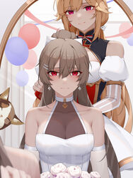  2girls absurdres alternate_costume azur_lane balloon breasts brushing_another&#039;s_hair brushing_hair cleavage commentary_request dress earrings elbow_gloves feline gloves highres jean_bart_(azur_lane) jewelry long_hair looking_at_mirror mirror multiple_girls red_eyes richelieu_(azur_lane) ring see-through see-through_cleavage sitting white_dress wsfw 