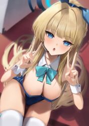  :o absurdres amane_sora animal_ears blonde_hair blue_archive blue_bow blue_eyes blue_hairband blue_halo blue_leotard bow bowtie breasts cleavage detached_collar double_v fake_animal_ears female hairband halo hands_up highres leotard long_hair looking_at_viewer medium_breasts microphone official_alternate_costume official_alternate_hairstyle playboy_bunny rabbit_ears sitting solo thighhighs thighs toki_(blue_archive) toki_(bunny)_(blue_archive) v very_long_hair white_thighhighs wrist_cuffs 