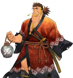  1boy another_eidos-r arm_out_of_sleeve bara beard blonde_hair brown_hair chest_hair dark-skinned_male dark_skin facial_hair feet_out_of_frame japanese_clothes jinnosuke_(another_eidos) kimono long_hair looking_at_viewer male_focus mature_male mouth_hold multicolored_hair muscular muscular_male naop_(anything) official_art orange_kimono pectoral_cleavage pectorals print_kimono scar scar_on_cheek scar_on_face sheath sheathed smirk solo stalk_in_mouth stroking_beard thick_eyebrows thighs tied_hair torn_clothes torn_kimono translated transparent_background two-tone_hair 