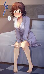  barefoot bathrobe bed bed_sheet blush breasts checkered_floor cleavage collarbone female full_body highres honda_mio hotel_room idolmaster idolmaster_cinderella_girls indoors large_breasts leaning_forward legs nose_blush pillow short_hair sitting solo toenails toes z.nov 