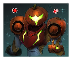  arm_cannon armor assault_visor commentary e.m.m.i._(metroid) english_commentary female glowing green_visor halloween helmet looking_at_viewer metroid metroid_dread night power_armor power_suit pumpkin samus_aran science_fiction simple_background solo thumbs_up upper_body varia_suit wakaba_(wata_ridley) weapon 