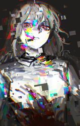  black_ribbon commentary english_commentary female glitch grey_hair looking_at_viewer neck_ribbon original parted_lips pink_eyes ribbon shirt solo tsu_(lovesick1964) two_(tsu_(lovesick1964)) upper_body white_shirt 