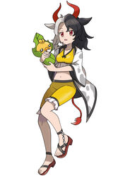  absurdres animal_ears animal_print asatsuki_(fgfff) black_hair breasts chains commentary_request cow_ears cow_girl cow_horns cow_print cow_tail crop_top female frilled_shorts frills haori highres horns japanese_clothes medium_breasts midriff multicolored_hair navel open_mouth parody pokemon pokemon_(creature) red_eyes red_footwear red_horns red_tail sandals sewaddle shorts simple_background split-color_hair stomach style_parody sugimori_ken_(style) tail tank_top touhou two-tone_hair ushizaki_urumi white_background white_hair yellow_shorts yellow_tank_top 