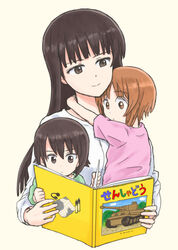  3girls aged_down arms_around_neck blunt_bangs book brown_eyes brown_hair closed_mouth commentary cropped_torso family girls_und_panzer green_shirt headphones holding holding_book long_hair long_sleeves map military military_vehicle mother_and_daughter motor_vehicle multiple_girls mutsu_(layergreen) nishizumi_maho nishizumi_miho nishizumi_shiho pink_shirt shirt short_hair short_sleeves siblings simple_background sisters sitting sitting_on_lap sitting_on_person smile straight_hair t-shirt tank tank_shell tiger_i translated upper_body white_background white_shirt 