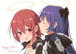  2girls aliter arknights black_jacket blue_hair blue_tongue blush closed_eyes colored_tongue commentary dated dog_tags english_commentary exusiai_(arknights) hair_between_eyes halo happy_valentine hood hood_down hooded_jacket horns jacket long_hair mostima_(arknights) multiple_girls open_clothes open_jacket profile red_eyes red_hair saliva saliva_trail shirt short_hair signature simple_background tongue tongue_out upper_body valentine white_background white_jacket white_shirt yuri 