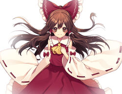  ascot blush bow brown_eyes brown_hair detached_sleeves female frilled_bow frills hair_tubes hairbow hakurei_reimu kyouda_suzuka long_hair looking_at_viewer red_bow red_shirt red_skirt ribbon-trimmed_sleeves ribbon_trim shirt skirt smile solo touhou white_background yellow_ascot 