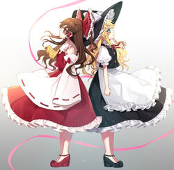  2girls apron ascot black_footwear black_skirt blonde_hair blue_eyes bow braid brown_eyes brown_hair detached_sleeves frilled_bow frills full_body gradient_background hair_tubes hairbow hakurei_reimu hat hat_bow highres kirisame_marisa kyouda_suzuka long_hair multiple_girls neck_ribbon petticoat platform_footwear platform_heels puffy_short_sleeves puffy_sleeves red_bow red_footwear red_ribbon red_shirt red_skirt ribbon shirt short_sleeves single_braid skirt touhou vest waist_apron witch_hat yellow_ascot 