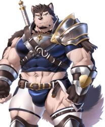  1boy abs animal_ears another_eidos-r armor ass_visible_through_thighs asymmetrical_shorts asymmetrical_sleeves bara bare_shoulders beckoning billford_(another_eidos) bulge chest_belt come_hither covered_abs cross_scar dog_boy dog_ears dog_tail facial_hair feet_out_of_frame gammachaos goatee large_pectorals looking_at_viewer male_focus mature_male midriff muscular muscular_male navel navel_hair official_art parted_lips pauldrons pectorals scar scar_on_face scar_on_forehead scar_on_leg short_hair shorts shoulder_armor single_bare_shoulder single_pauldron smile solo stomach sword sword_behind_back tail thick_thighs thighs transparent_background weapon white_shorts 