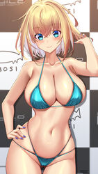  ass_visible_through_thighs bare_arms bare_shoulders bikini blonde_hair blue_bikini blue_eyes blue_nails blush breasts closed_mouth commentary_request contrapposto crossed_bangs female fingernails groin hair_between_eyes halterneck hand_on_own_hip hand_up highres large_breasts looking_at_viewer md5_mismatch multi-strapped_bikini_bottom nail_polish navel original purple_nails short_hair smile solo sophia_f_shirring stomach string_bikini swimsuit takamine_nadare 