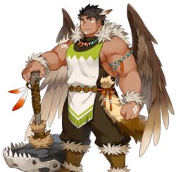  1boy animal_skull another_eidos-r baggy_pants bara black_hair brown_wings dark-skinned_male dark_skin facial_mark feather_hair_ornament feather_necklace feathered_wings feathers feet_out_of_frame fur_collar hair_ornament jewelry kuro_nezumi_inu large_pectorals long_sideburns looking_at_viewer male_focus muscular muscular_male native_american necklace official_art pants pectorals pelvic_curtain planted short_hair siddeley_(another_eidos) sideburns sleeveless solo thick_eyebrows transparent_background wings 